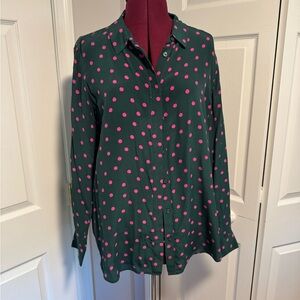 Boden Silk Green and Pink Polka Dot Button Down Shirt Size 12